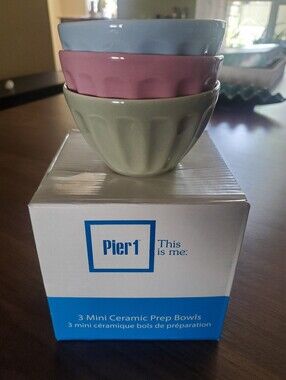 Pier 1 Set of 3 Mini Ceramic Prep Bowls - Blue, Pink, Sage